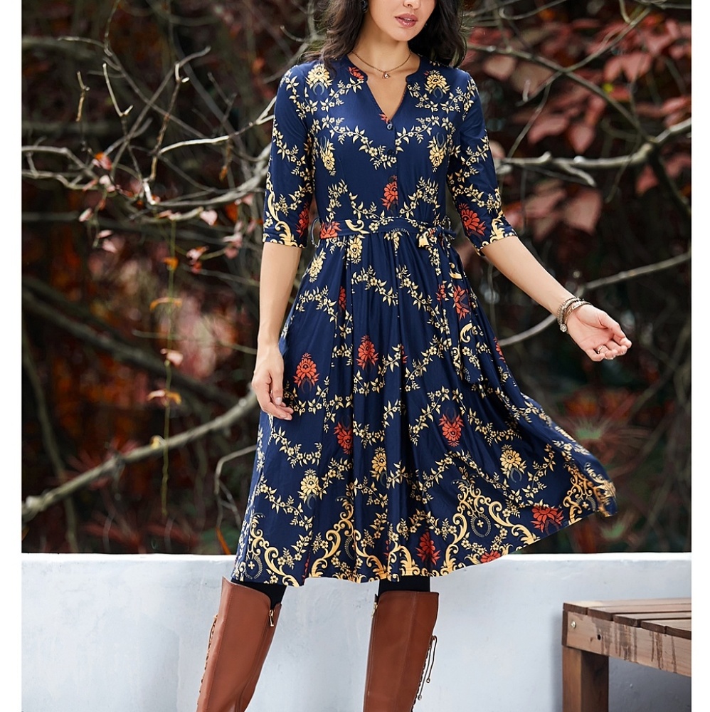 NWT Navy Floral Tie-Waist Midi Dress